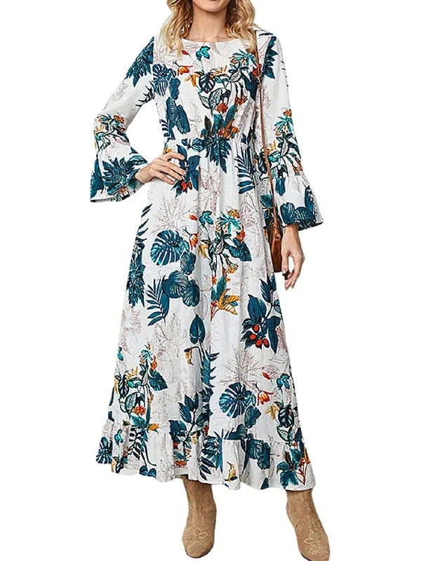 Unleash Your Trend Driven Style KittenAlarm - Boho Plants Printing High Waist Flare Sleeve Midi Dress