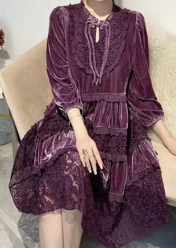 Festival Fashion Italian Purple Ruffled Embroideried Patchwork Velour Dresses Fall