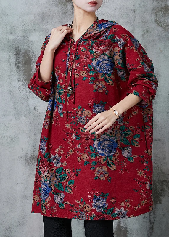 Wardrobe Refresh Boho Red Oversized Print Cotton Loose Sweatshirts Dress Spring