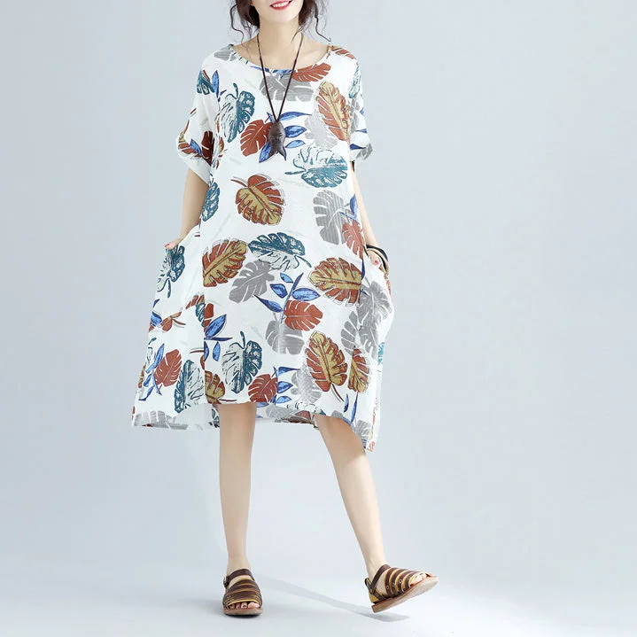 Weekend Exclusive New floral Midi-length linen dress oversized linen cotton dress fine short sleeve o neck linen clothing dresses