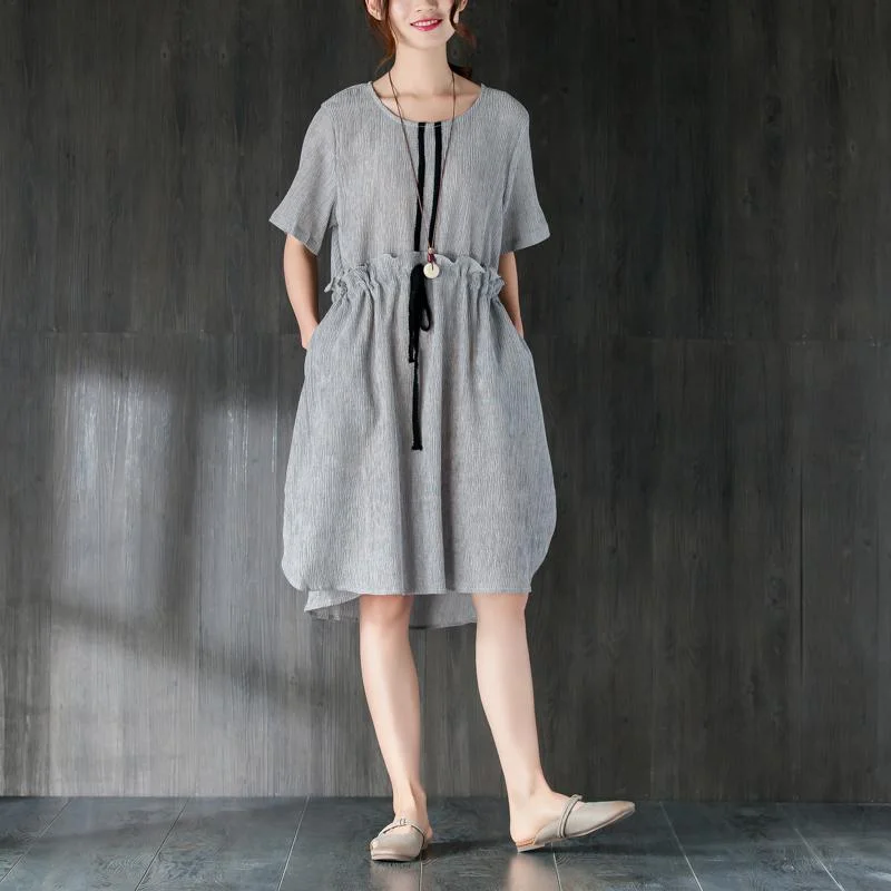 Vintage Style Clothing Sale stylish Midi cotton dresses Loose fitting Gray Women Summer Dress with Ruffles and Ribbon