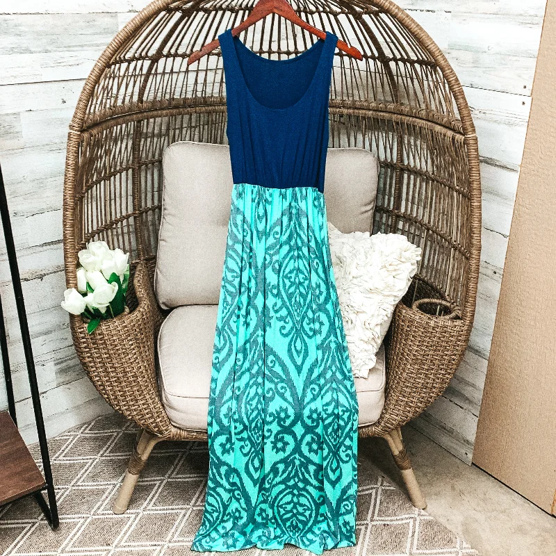 Casual Chic Last Chance Size Small & Med. | Navy Blue Tank Maxi Dress with Mint and Grey Damask Pattern