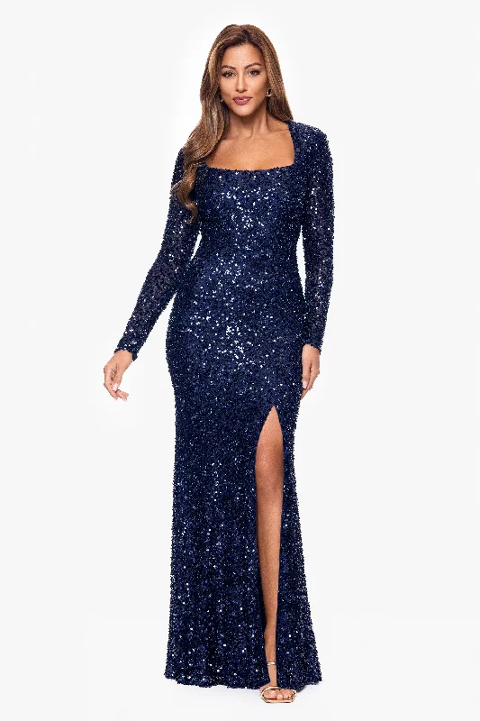 Your Timeless Wardrobe Awaits "Siobhan" Long Sleeve Beaded Sequin Mesh Long Sleeve Floor Length Dress