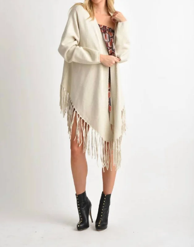 VIP Member Discount Angel Long Sleeve Cardigan With Fringe Hem In Beige