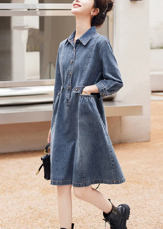 Modern Women's Apparel Organic Blue Patchwork Wrinkled Denim Mid Dresses Long Sleeve