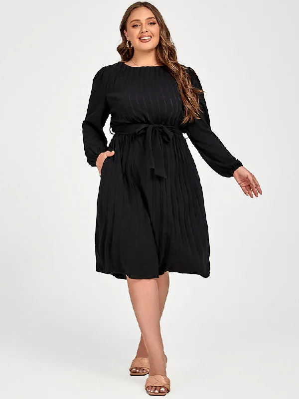 Elegant Simplicity Wardrobe Plus Black Pleated Pocket Solid Tie Midi Dress