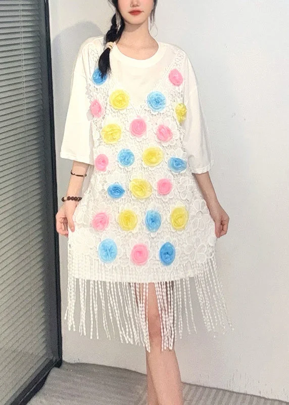 The Latest Trends White Print Tassel Mid Dresses Short Sleeve