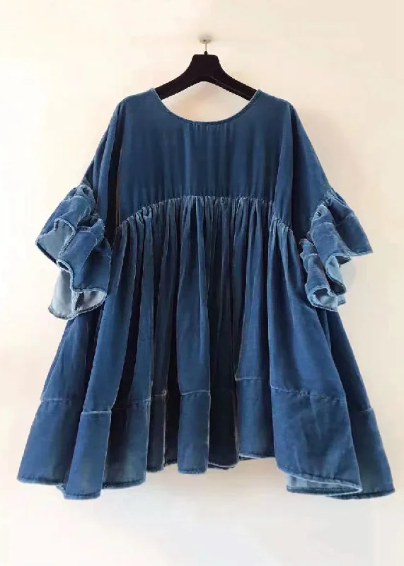 Chic Trends For The Fashion Savvy Plus Size Blue Wrinkled Patchwork Velour Short Dress Butterfly Sleeve