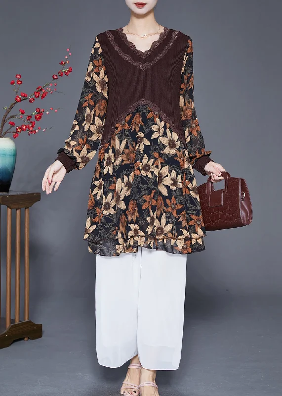 Limited Time Offer Coffee Patchwork Chiffon Knit Holiday Dress V Neck Print Fall