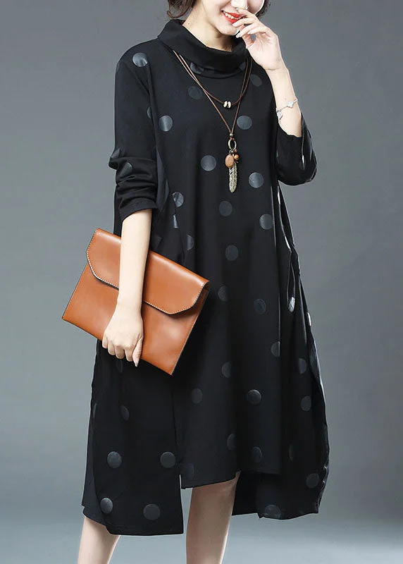 Fashionable Dresses for Women Fashion Black Dot Print Drawstring Patchwork Cotton Dresses Fall