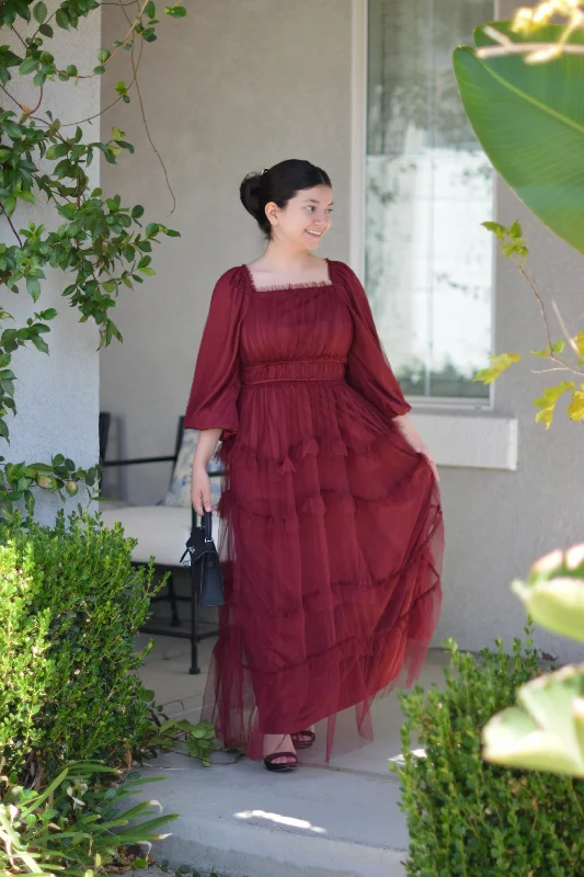 End Of Season Sale Mollie Burgundy Tulle Maxi Dress