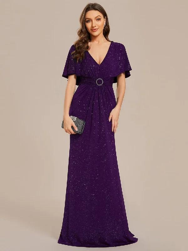 Limited Edition Susan | Glittery V-Neck Pleated Bat-Wing Sleeve Bodycon Waist-Cinching Evening Dress