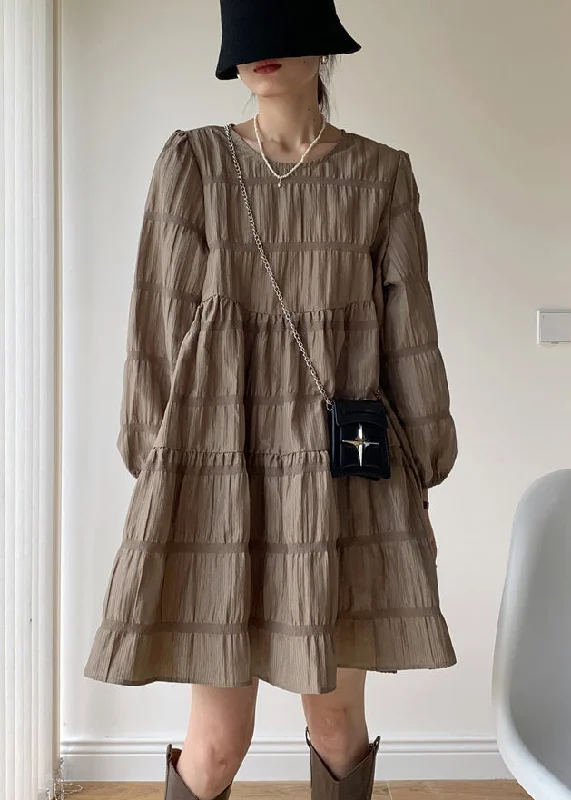 Trend Setting Wardrobe Khaki Patchwork Cotton Mid Dresses Wrinkled O Neck Fall