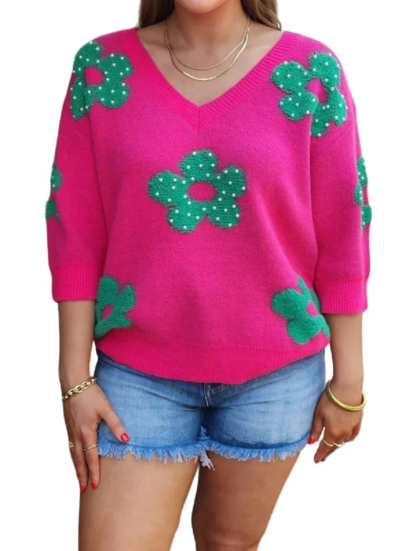 Clothes Sales Pearl Beads Flowers Sweater Top - Plus In Fuchsia/jade