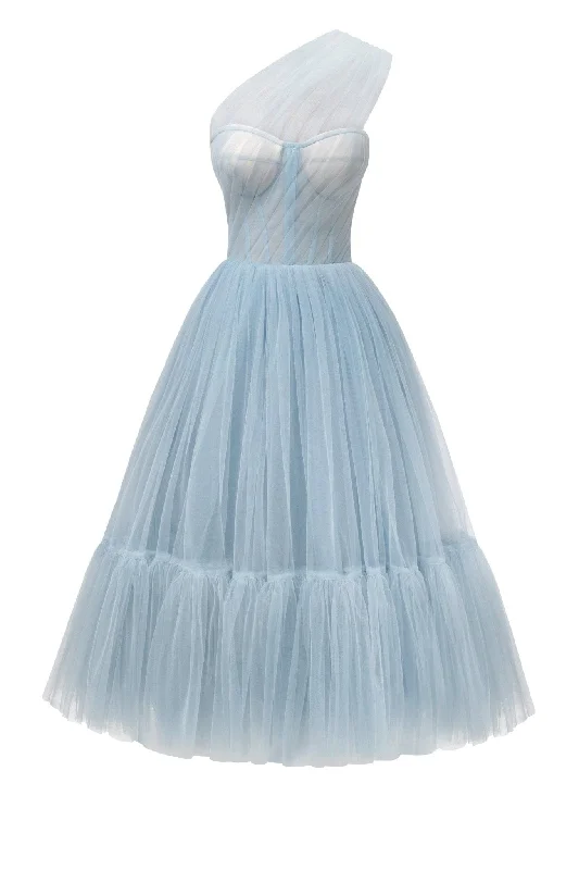 High Street Women's Fashion for Trendy Shoppers Light Blue One-Shoulder Cocktail Tulle Dress