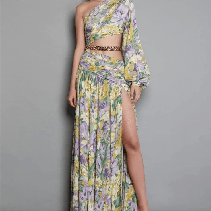 Trendy Street Style Clothing KittenAlarm - Krissy One Shoulder Chain Embellishment Floral Maxi Dress