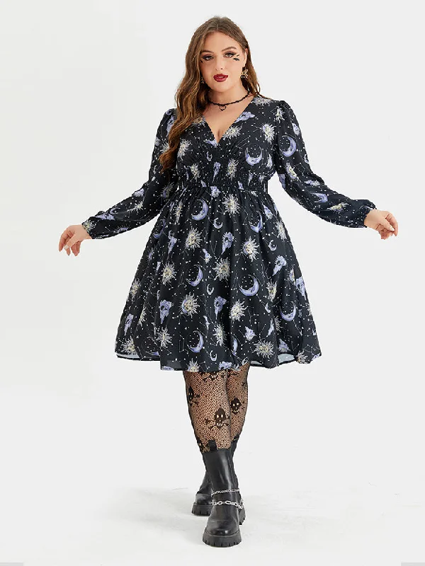 Preppy Style Halloween Print V-Neck Lantern Sleeve Midi Dress