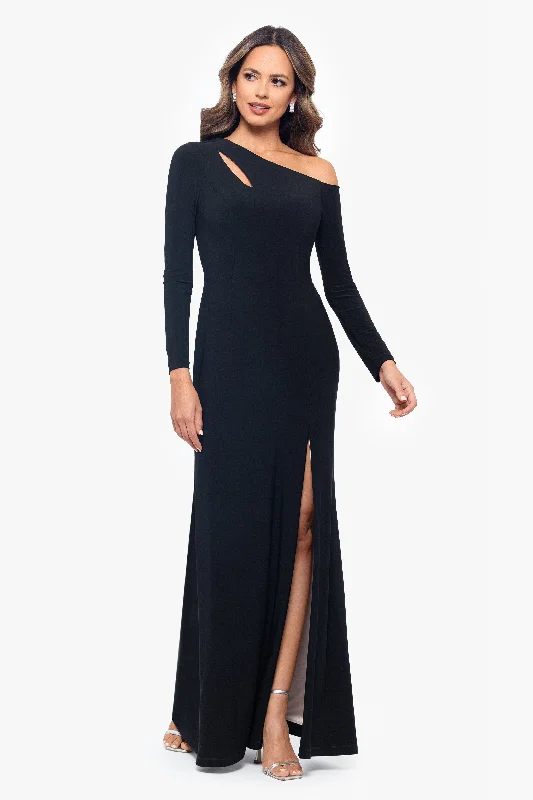 Exclusive Sale "Leona" Long Jersey Knit Contrast Lining Off the Shoulder Dress