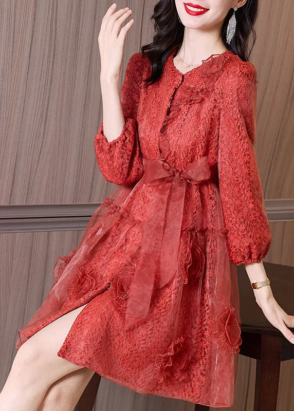 Clothing Sales Boutique Brick Red Ruffled Bow Patchwork Tulle Mid Dress Fall