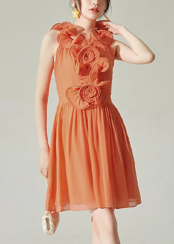 Sale For Women New Orange Wrinkled Solid Chiffon Mid Dress Sleeveless