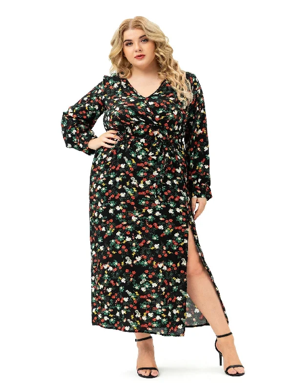 Elegant Simplicity Wardrobe KittenAlarm - Plus size Long Sleeve V neck Slit Printd Dress