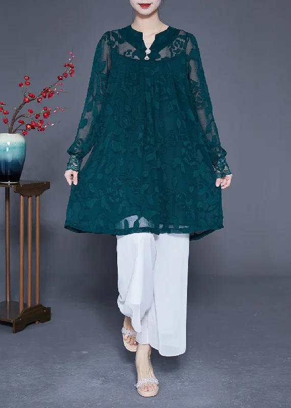 Effortless Everyday Wear Casual Peacock Green Jacquard Hollow Out Tulle Dress Long Sleeve