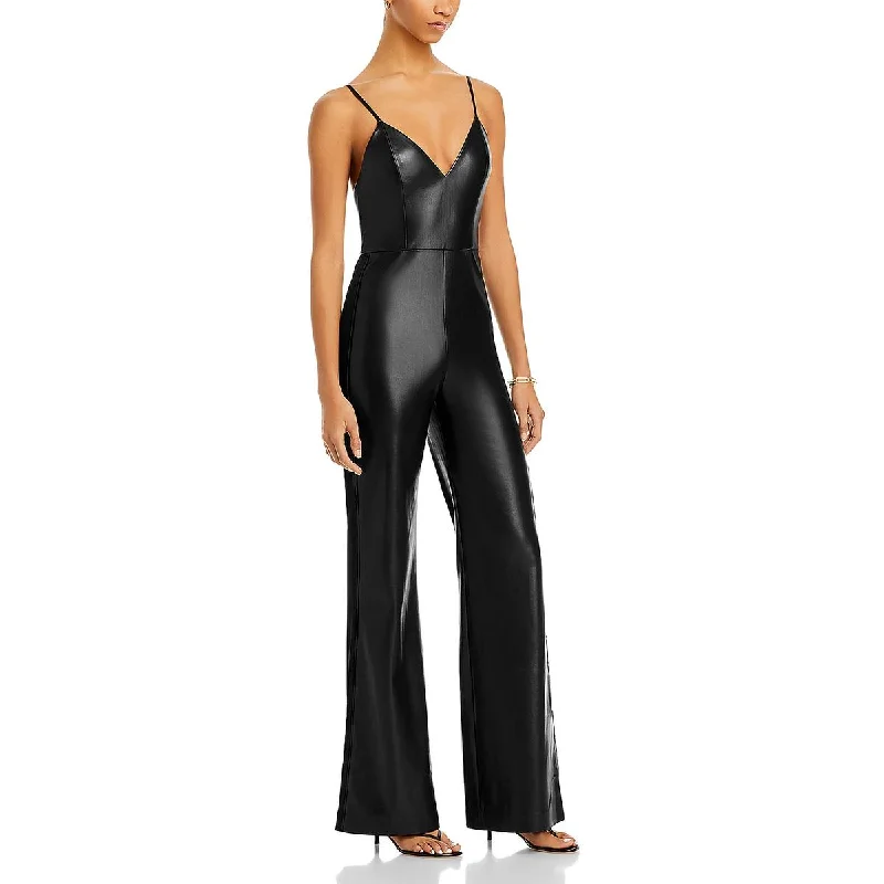 Online Clothing Boutiques Alice and Olivia Womens Christena Faux Leather Wide Leg Jumpsuit