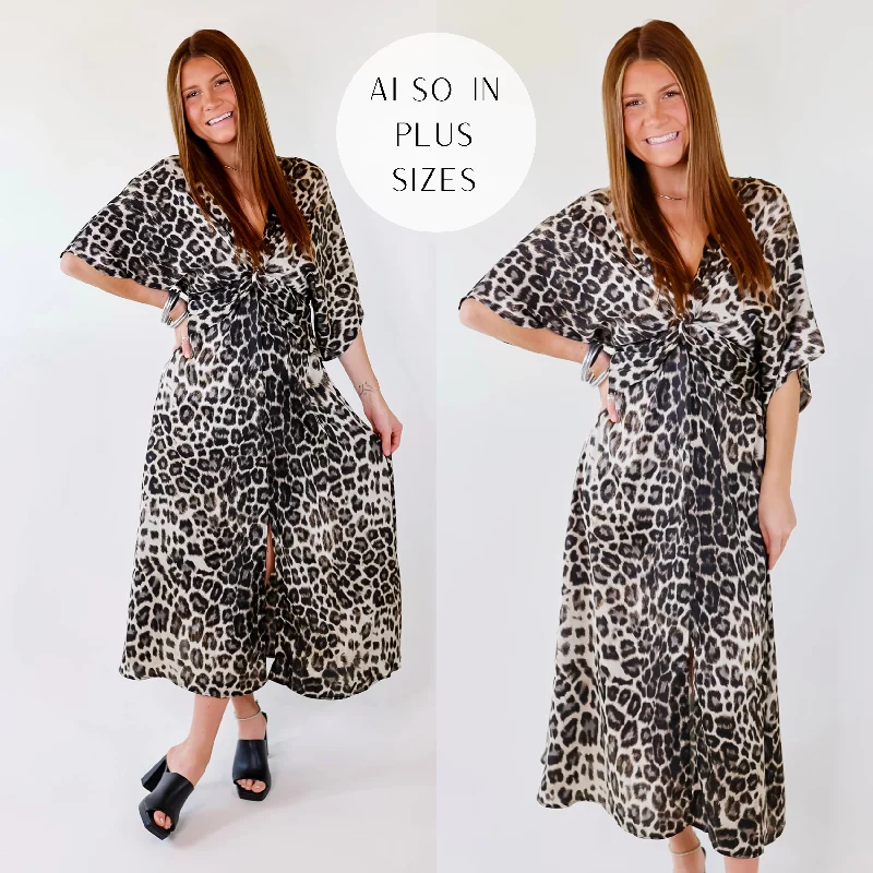 Cutting Edge Fashion Take My Breath Away Front Knot Leopard Print Midi Dress in Grey