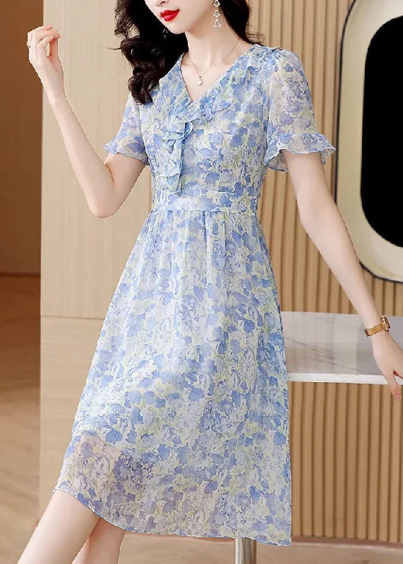 Clothing Brands Boutique Light Blue V Neck Ruffled Print Chiffon Dresses Summer