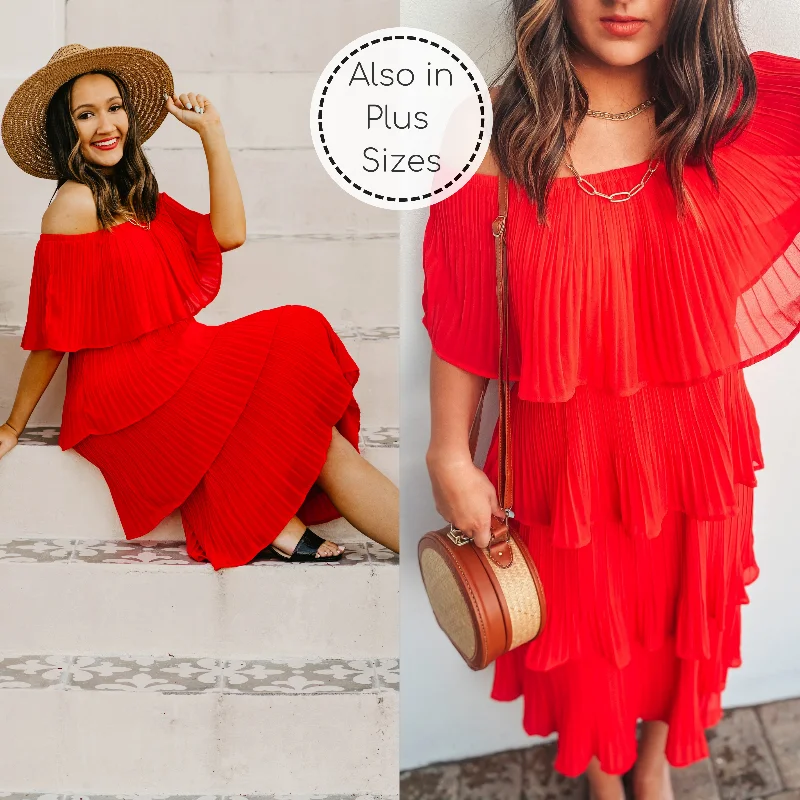 Crazy Price Slashing Last Chance Size Small & 2XL | Take My Hand Off the Shoulder Ruffle Tiered Dress in Red