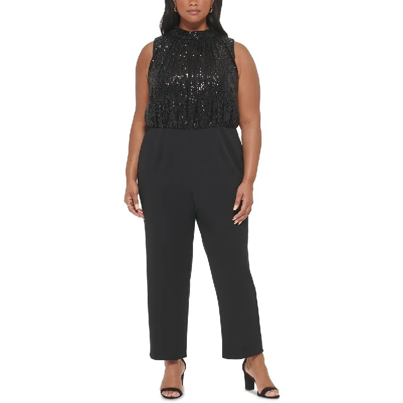 Evening Elegance Eliza J Womens Plus Sequined Mock Neck Jumpsuit