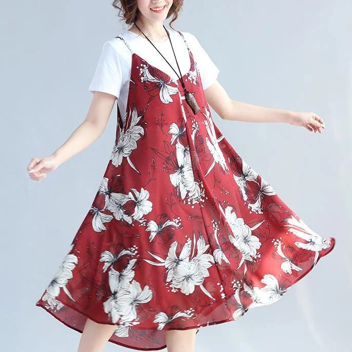 Women Wear Boutique 2018 red prints chiffon sleeveless dresses oversize with cotton t shirt two pieces