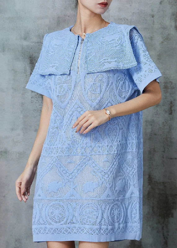 Women Apparel Elegant Sky Blue Sailor Collar Embroidered Lace Dress Summer