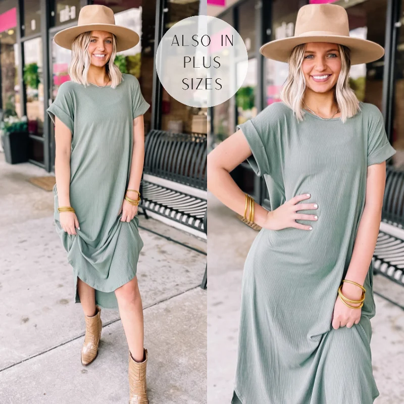 Laid-Back Elegance Chill Looks Short Sleeve Thin Ribbed Midi Dress in Olive Green