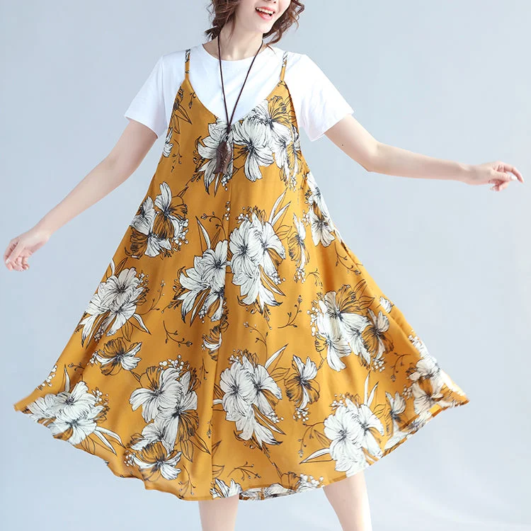 Women Apparel fashion yellow prints Midi-length chiffon sleeveless dress plus size traveling dress and cotton tops casual two pieces