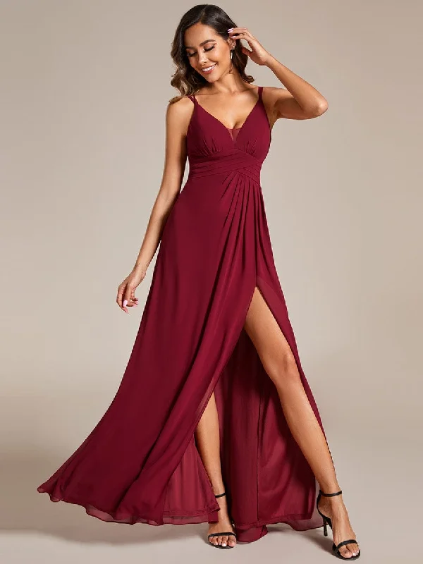 Flash Sales Deep V-Neck High Front Slit Spaghetti Strap Back X-Cross Bridesmaid Dress