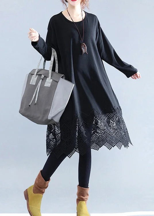 Trendsetting Threads Fine Black Cotton Dresses Casual Cotton Clothing Dresses Fine Lace Ruffles Long Sleeve Cotton Dresses