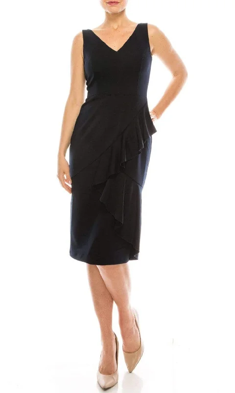 Early Bird Offer Maggy London - G3907M Sleeveless V Neck Ruffle Drape Sheath Dress