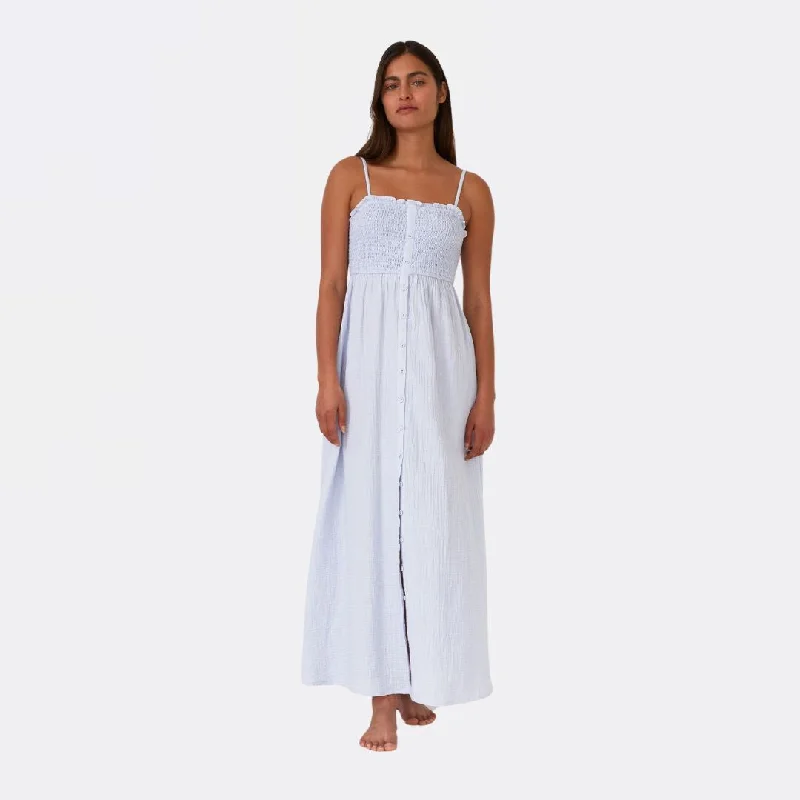 Hot Brand Discounts Cotton Button Front Smocked Sleeveless Maxi Dress (Dusty Blue)