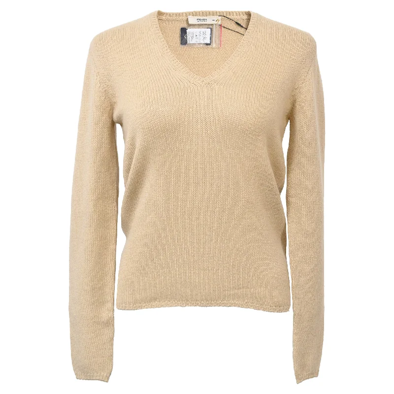 Style Revolution Prada V-Neck Sweater in Beige Wool