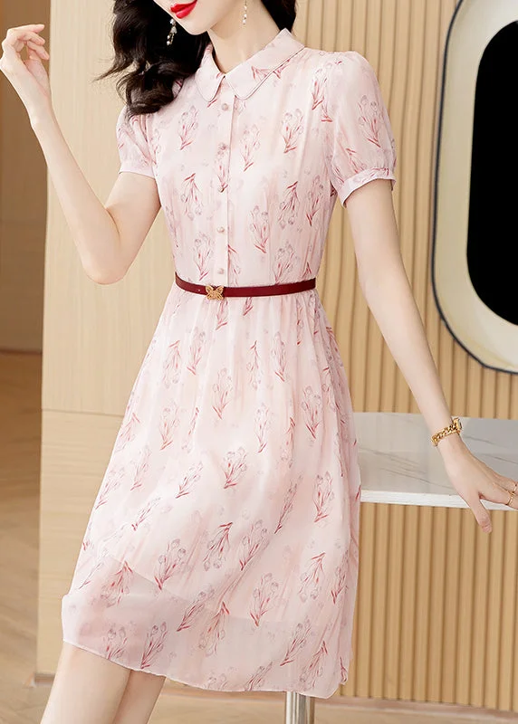 Casual Chic for Women Chic Pink Peter Pan Collar Print Chiffon Shirts Dress Short Sleeve