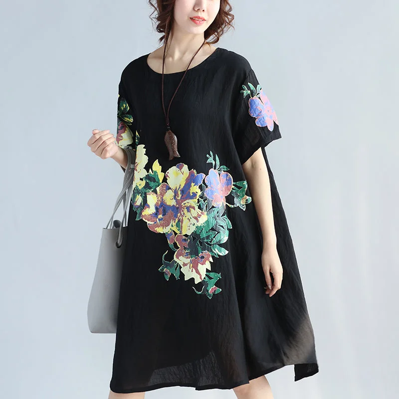 Urban Femme Streetwear Elegant black prints pure linen dresses plus size clothing linen cotton dress vintage wild short sleeve o neck linen dress