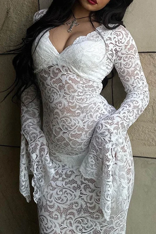 Edgy Fashion Lace V Neck Flares Sleeve Dress