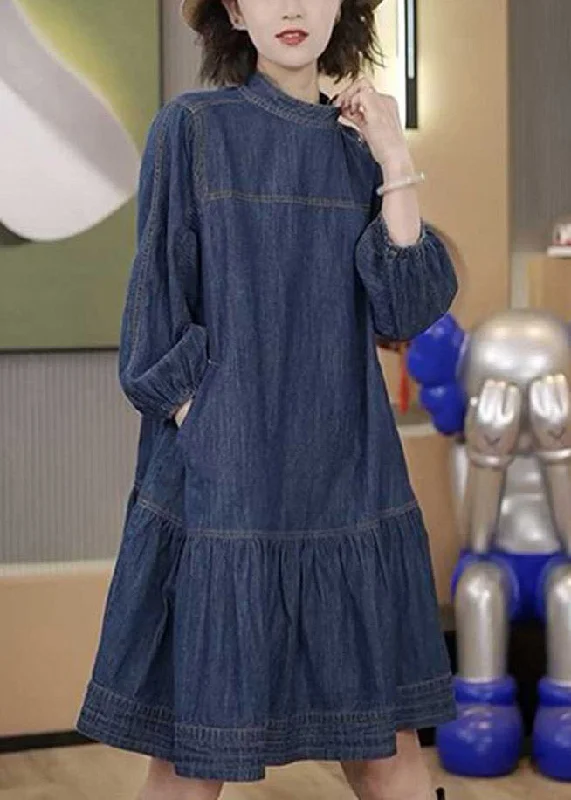 Wardrobe Upgrade Plus Size Blue Patchwork Wrinkled Denim Mid Dresses Long Sleeve