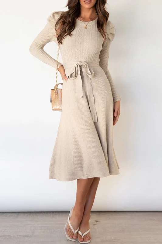 Limited Styles Puff Sleeve Tie-waist Knit Dress