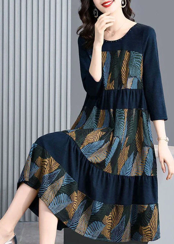 Clothes Woman Style Blue Oversized Patchwork Print Dress Bracelet Sleeve