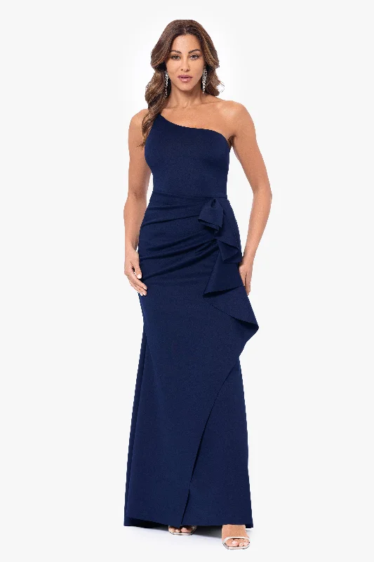 Women's Evening Wear for Special Occasions Petite "Daniella" Long One Shoulder Scuba Crepe Ruffle Dress