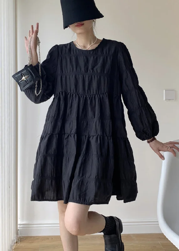 Weekend Exclusive French Black O Neck Wrinkled Patchwork Cotton Mid Dresses Fall