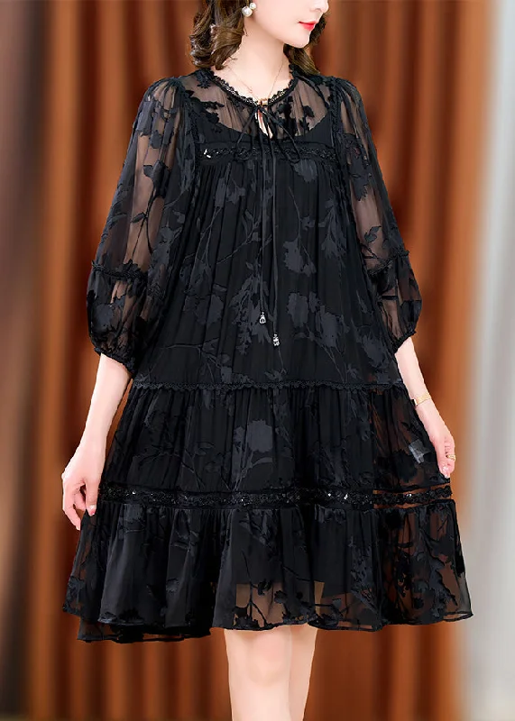 Trendy Street Style Clothing Unique Black Wrinkled Jacquard Patchwork Tulle Mid Dresses Fall