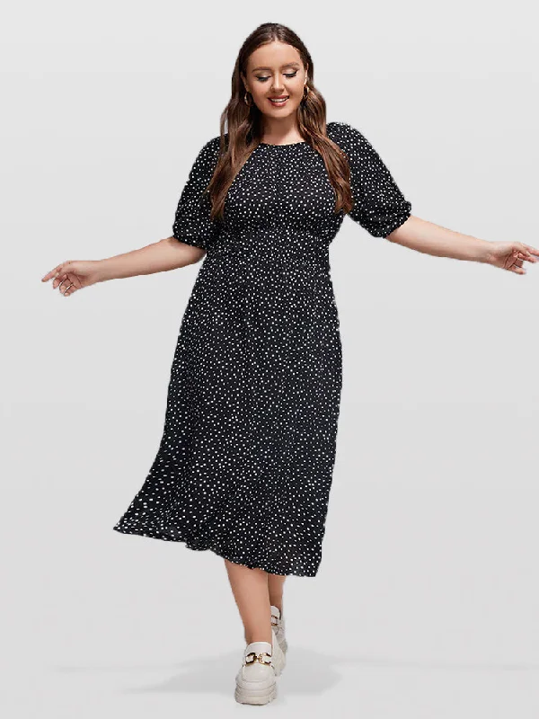 Women's Street Style Casual Wear Plus Polka Dot Round Neck Puff Sleeve Midi Dress